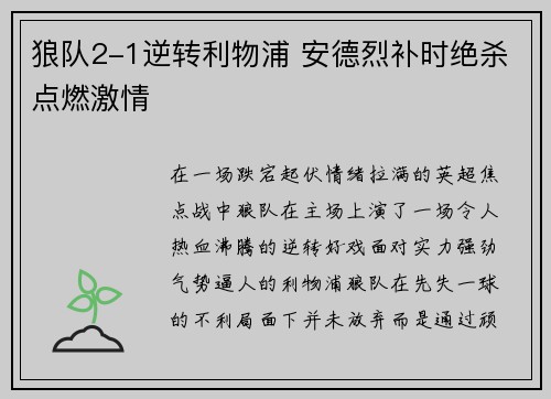狼队2-1逆转利物浦 安德烈补时绝杀点燃激情